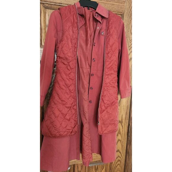 Vintage 80s Retro Dusty Rose Pink Plaid Lined Midi Trench Coat w/ Over-Vest PS - Picture 11 of 12